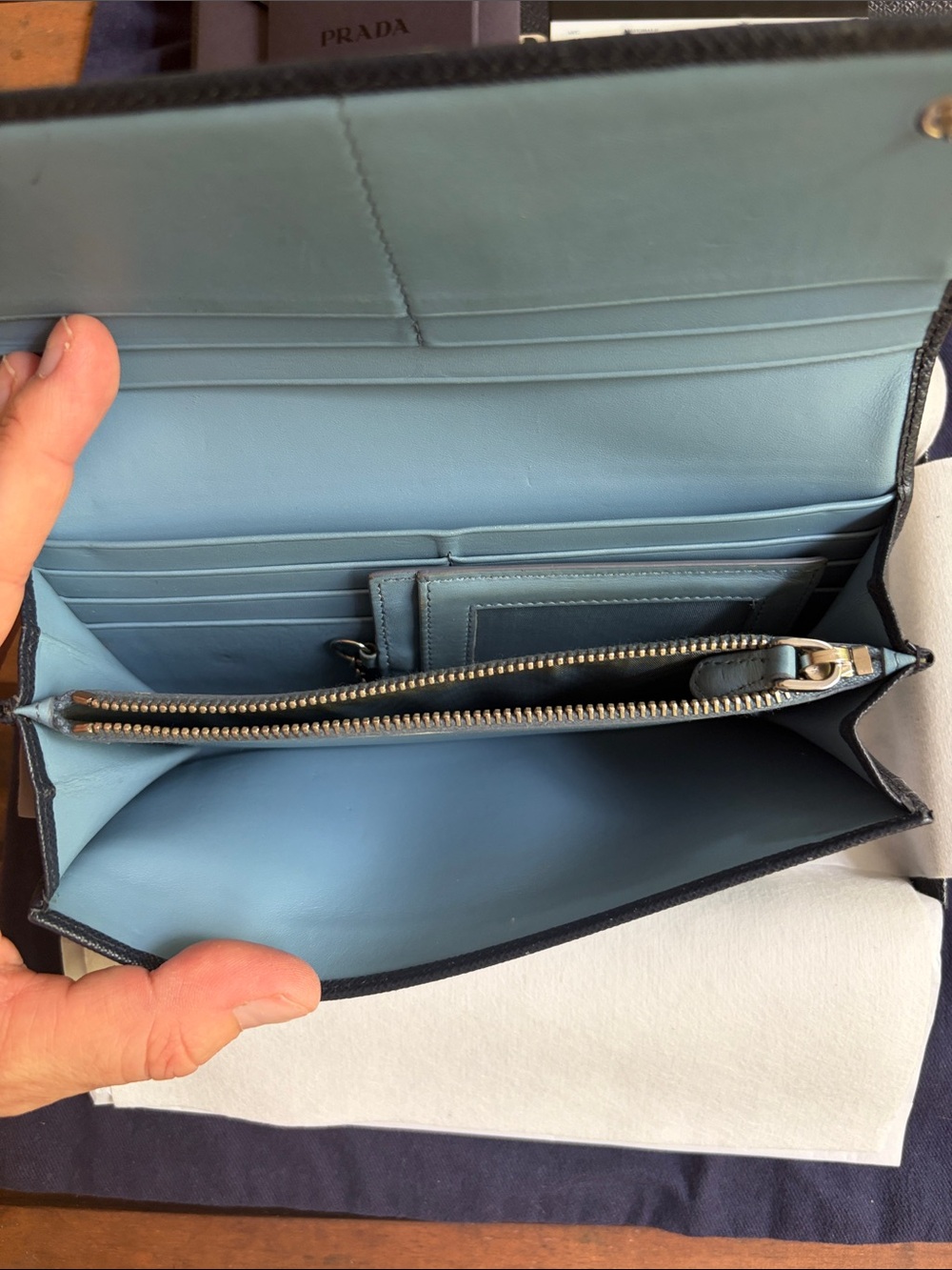 Prada Navy Blue Baltico Saffiano Leather Continental Wallet with Gold Logo - Picture 13 of 16
